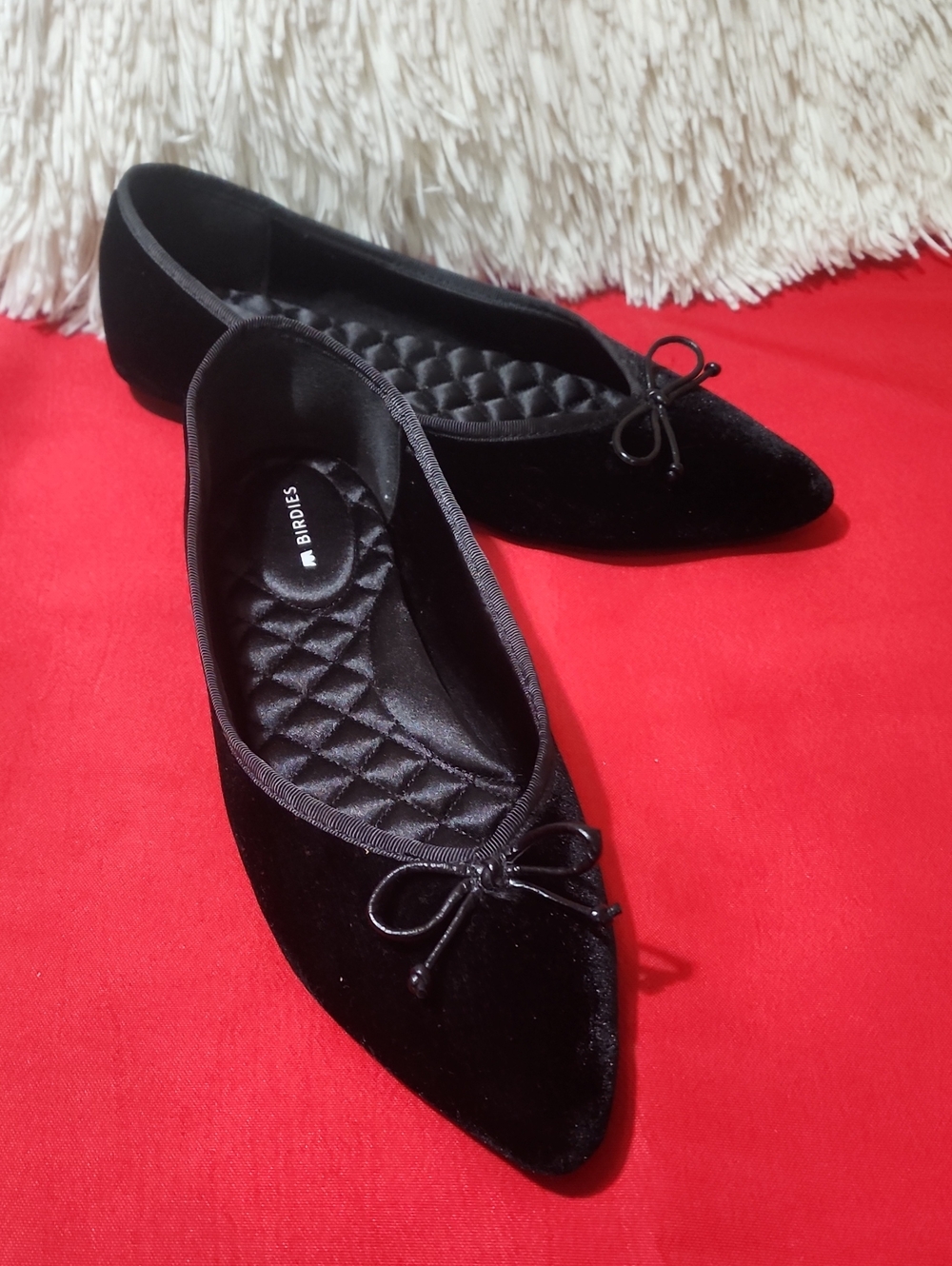 Birdies Black Velvet Pointed-Toe Ballet Flats